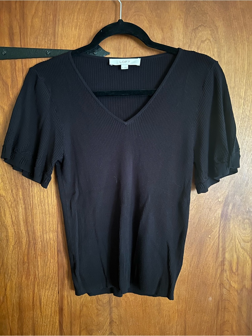 LOFT Black Ribbed V-Neck Short Sleeve Top with Flutter Sleeves